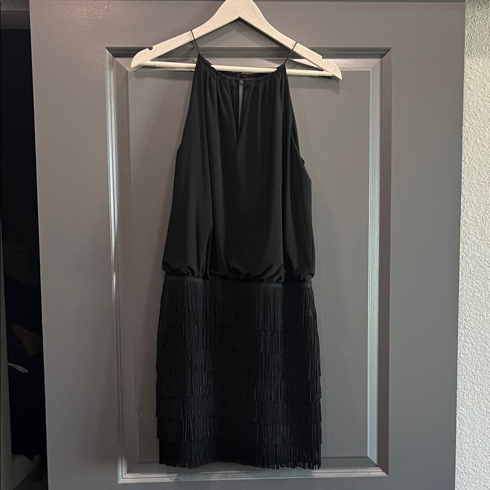 Cache Elegant Black Tiered Fringe Mini Dress